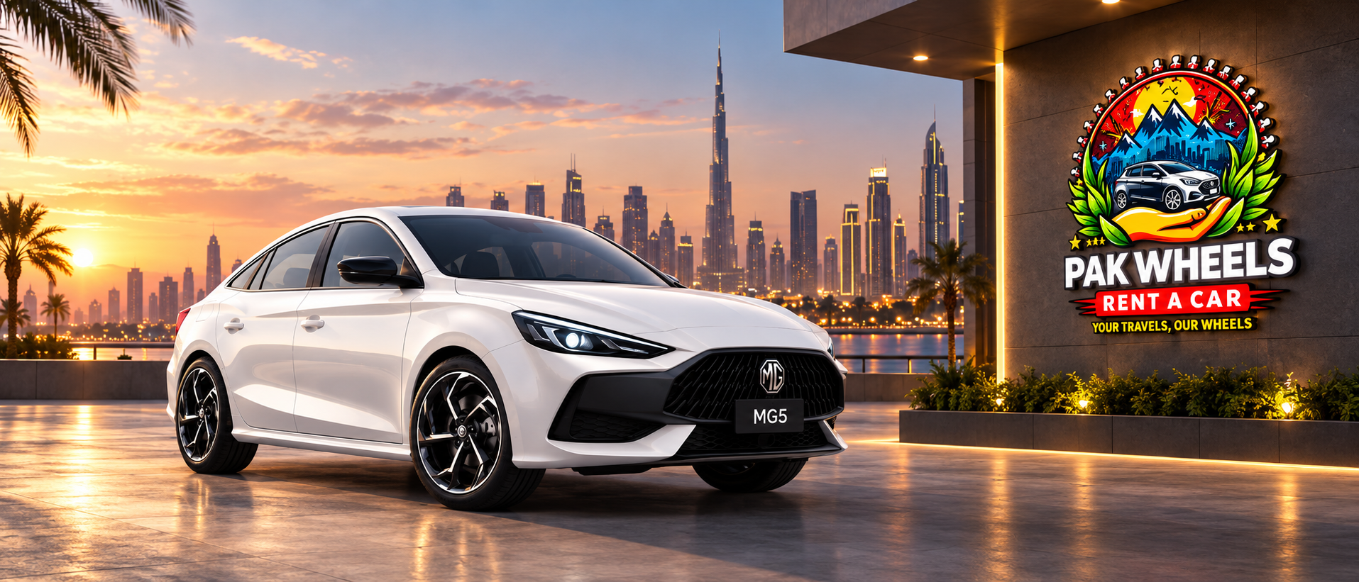 White MG 5 sedan outside the Pak Wheels office at dusk, with the Dubai skyline behind